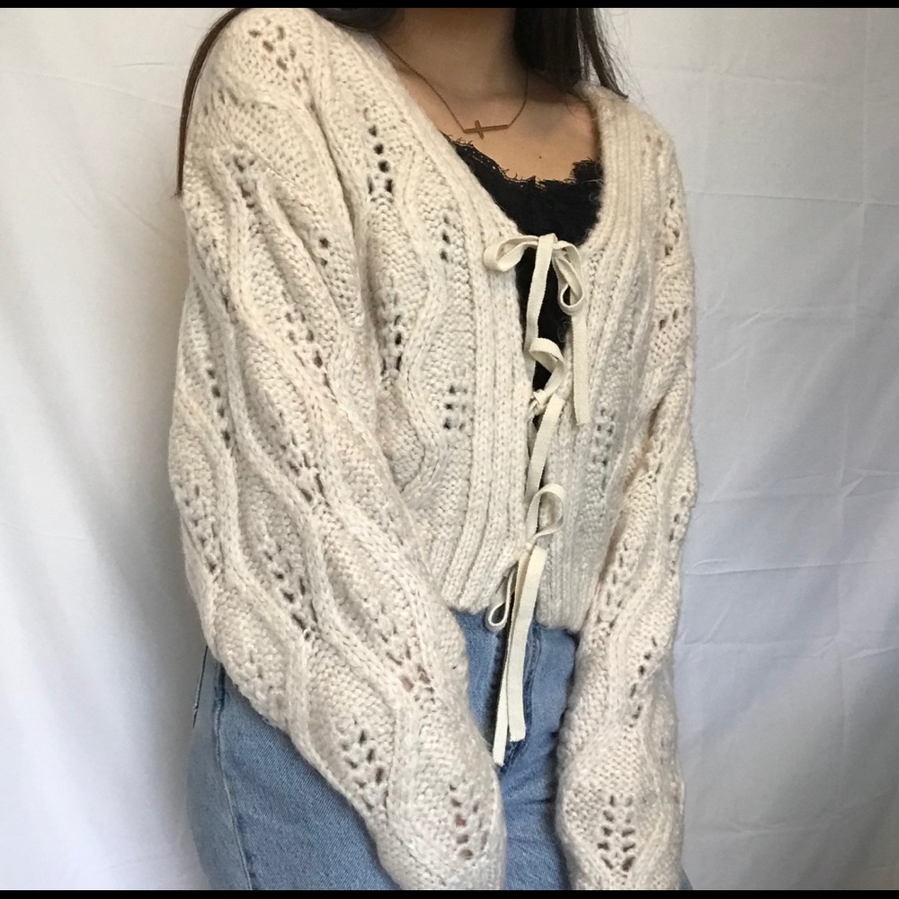 ASOS cream knit tie cardigan sweater